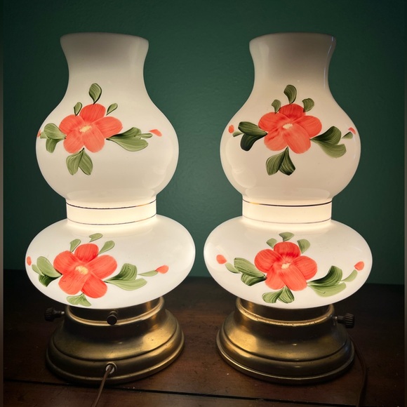 Vintage Other - Vintage Pair 50s Milk Glass Hand Painted Table Boudoir Lamps 10 1/2" Electric